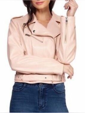 SK Y2K vinyl soft pink cropped faux leather moto jacket with zippers detail,sz S